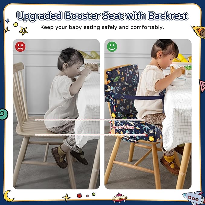 Booster Seat for Kitchen Chair with Backrest & 4 Adjustable Straps, Portable TPU Waterproof & Anti-Scratch Toddler Booster Seat for Dining Table, Non-Slip & Removable Booster SEat for Table