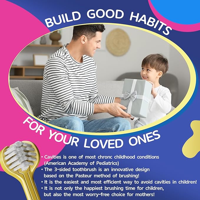 3 Sided Toothbrush for Kids, Japanese Design Triple-Angle Toothhugger, Cartoon Bear Design for Autism Toddlers, Kids Toothbrush for Aged 3-12, Soft Bristles for Gentle Gum Care (3Pack)