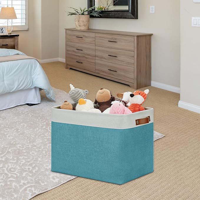 DULLEMELO Large Closet Storage Baskets Canvas Storage Baskets for Organizing 2 Pack Collapsible Home Organizer With Handles (White&Teal)