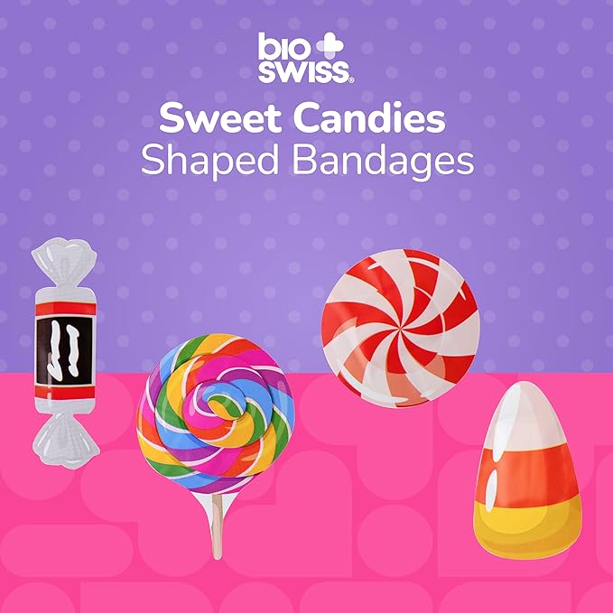 BioSwiss Bandages, Sweet Candies Shaped Self Adhesive Bandage, Latex Free Sterile Wound Care, Fun First Aid Kit Supplies for Kids and Adults, 50 Count