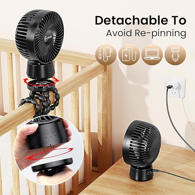 20000mAh Portable Stroller Fan with Auto Oscillating, Extended Anti-Slip Detachable Flexible Tripod, Power Bank & LED Light, 3-Speed Quiet Long Time Cooling Clip On Fans for Baby Crib Car Seat Travel