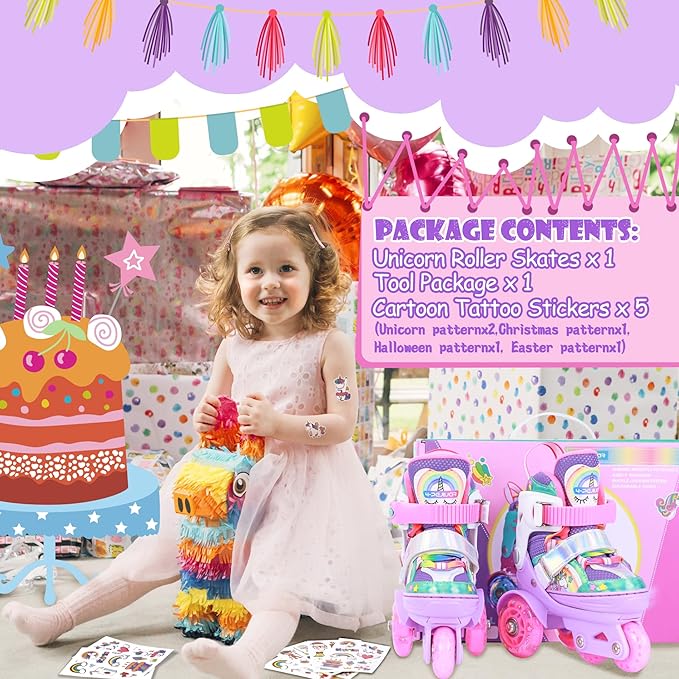 4-Pejiijar Rainbow Unicorn Kids Roller Skates for Girls Toddler Ages 2-4 5-8 8-12,Adjustable Roller Shoes with Luminous Wheels for Birthday Xmas Gifts