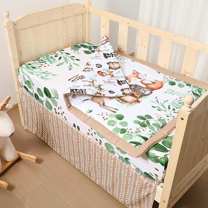 3 Pcs Baby Crib Bedding Set Safari Animals Dinosaurs Bear Woodland Animals Jungle Crib Set Includes Quilt, Fitted Sheet, Skirt for Baby Boy Girl(Green,Woodland Raccoons Deer Etc.)