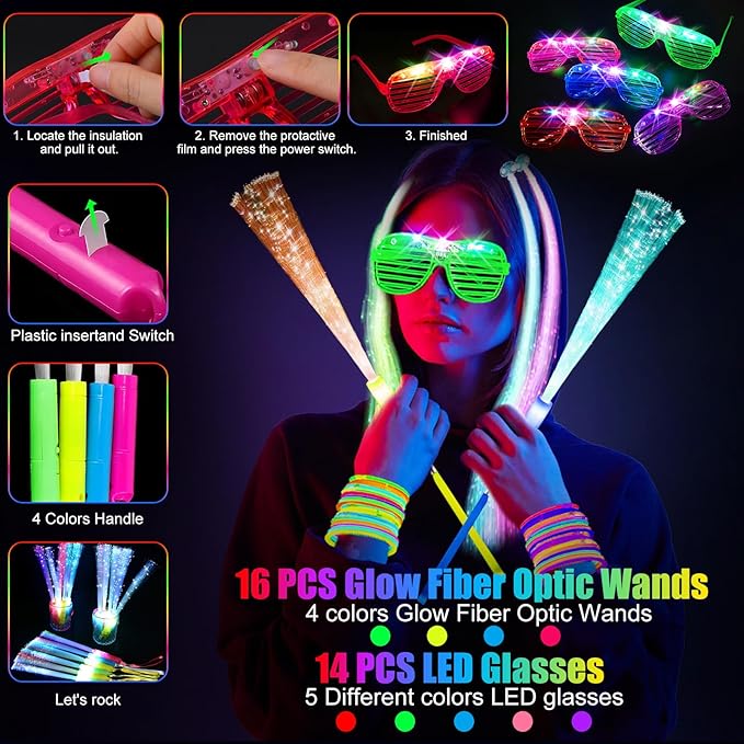 148 PCS Glow in the Dark Party Supplies, 16 Fiber Optic Wands, 14 LED Glasses, 100 Glow Sticks and 18 LED Hair Clips Fiber Optic for Neon Party, Wedding, Birthday, Concert, New Year