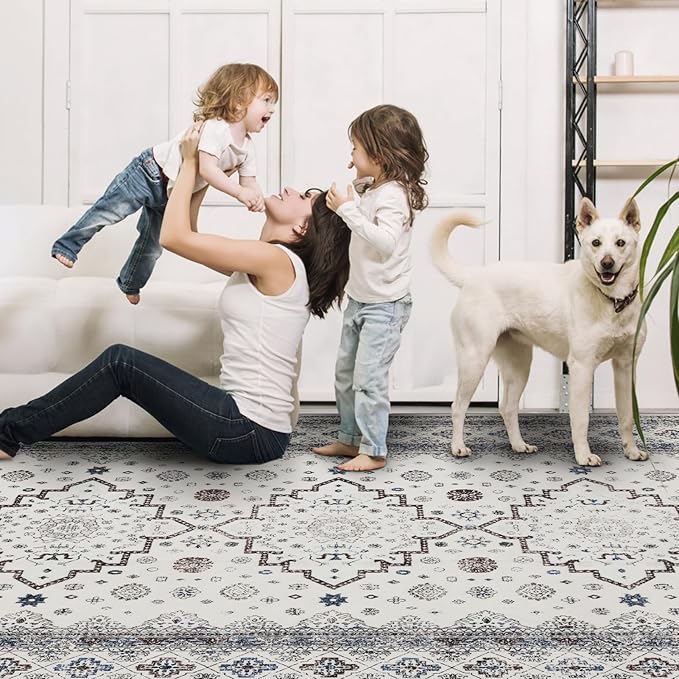 4x6 Washable Area Rug for Living Room, Carpet for Bedroom, Soft Faux Wool Retro Dining Room Rug, Non Slip&Non-Shedding Resistant Low Pile Vintage Print Rug for Home Office (White Cream/Gray)