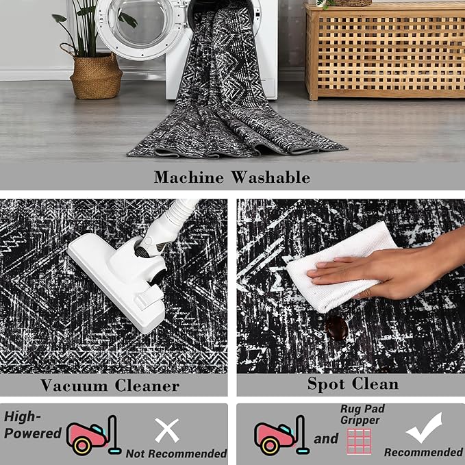 COZYLOOM Rug Runners 2x6 Washable Rugs for Bedroom Hallway Dining Room Living Room, Vintage Rug Non Slip Area Rug Geometric Soft Throw Rugs Low Pile Stain Resistant Carpet, Black