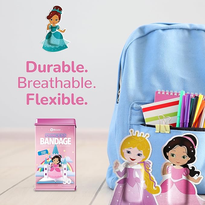 BioSwiss Bandages, Princess Shaped Self Adhesive Bandage, Latex Free Sterile Wound Care, Fun First Aid Kit Supplies for Kids, 50 Count