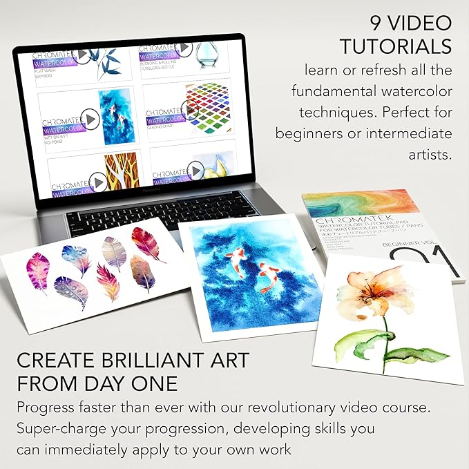 CHROMATEK Watercolor Paint Set - 62 Piece Kit - Video Tutorial Course - For Adults, Beginner & Professional Artists - 26 Tubes (12ml), Sketch Pad, 8 Painting Brushes, Aquapen, Palette, Masking Tape