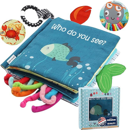 Fish Baby Book 0-6 Months,Touch Feel Cloth Crinkle Books for Babies,Infant Baby Toys 6-12 Months,Learning Education Soft Sensory Mirror Toy,Teether,Shower Gifts for Boys Girls-Gift Box