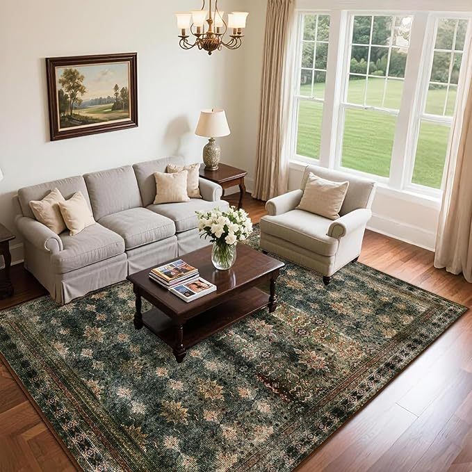 6x9 Washable Area Rug Non Slip, Thin Vintage Floral Living Room Rug Low Pile, Indoor Large Distressed Print Carpet for Bedroom, Dining Room, Farmhouse, Home Office, Dorm(Dark Green/Brown/Multi)