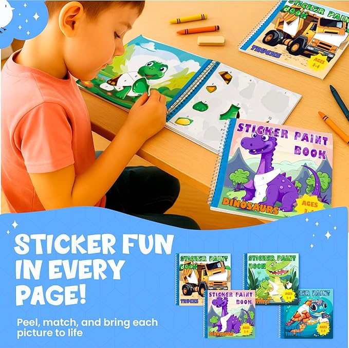 BulbaCraft 4Pcs Sticker Paint Books for Boys - Sticker Books by Number with Dinosaurs, Trucks, Animals and Under The Sea - Coloring Activity for Kids