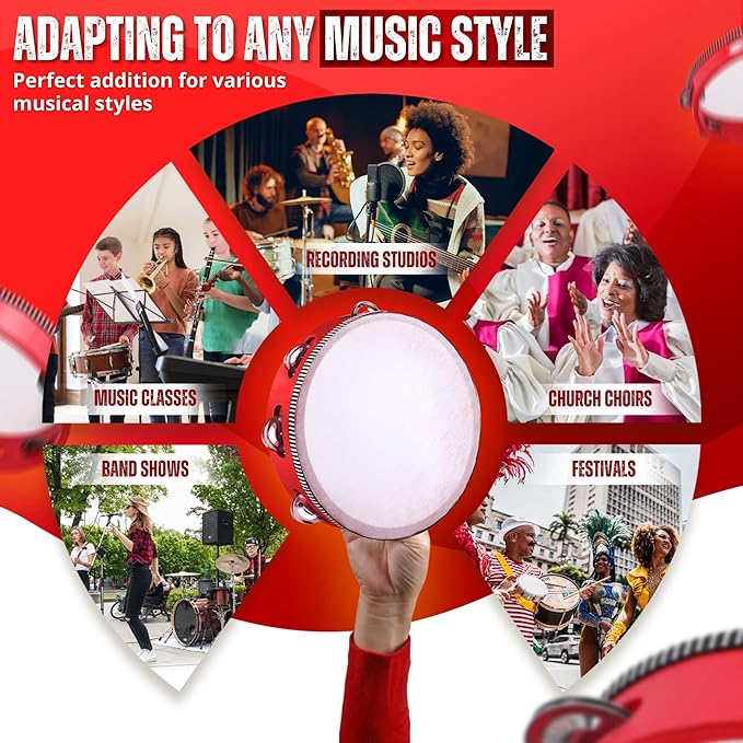 Flexzion Wooden Round Tambourine for Kids and Adults 8" Inch Single Row 8 Pair Jingles, Red Handheld Percussion Instrument for Beginner and Professional Tambourine Player