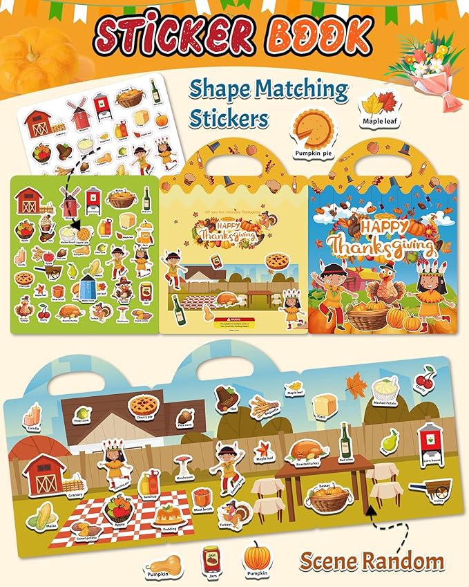 Benresive Reusable Sticker Book for Toddlers 2-4 Years, Fun Travel Stickers for Kids, Waterproof Sticker Books for Toddlers 1-3, Crafts Activities for Todddlers 1-3 2-4 3-5 - Thanksgiving