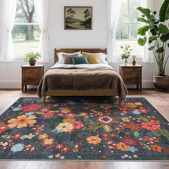 Area Rug Living Room Rugs: 6x9 Washable Rug Vintage Floral Soft Boho Non Slip Carpet Indoor Floor Non Shedding Low Pile Thin Carpets for Bedroom Dining Room Farmhouse Nursery Home Office Black