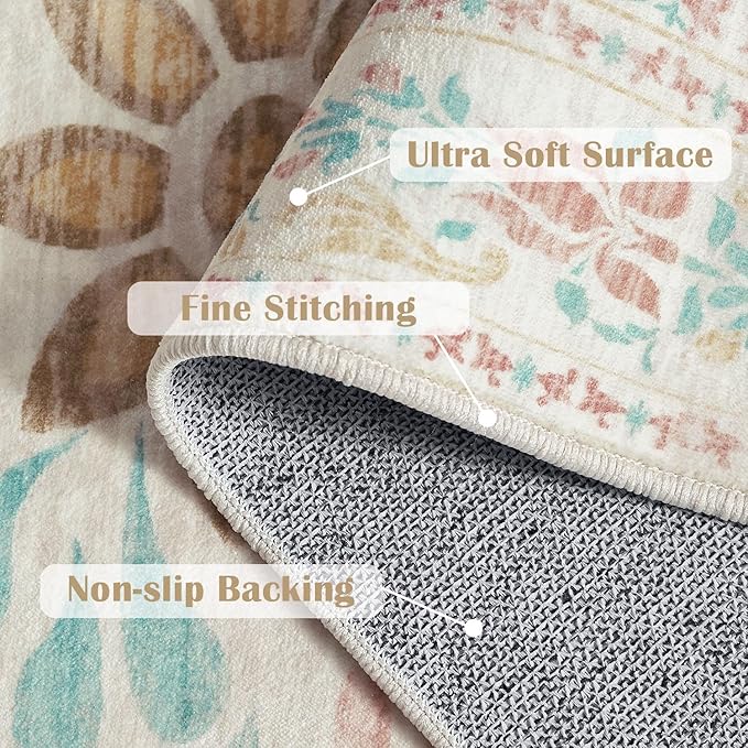 jinchan Floral 5x7 Area Rugs for Nursery - Machine Washable Vintage Distressed Design Soft Ultra-Thin Low-Pile Non-Slip Kids Carpet for Bedroom Living Room Dining Room Home Office (5x7ft,Apricot)
