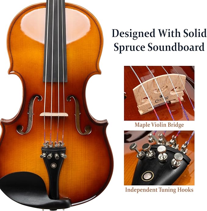 Cecilio 1/2 Violin Solidwood Violin with Hard Case, Bow, Rosin, Tuner, Shoulder Rest & Lesson Book – Ideal for Beginners