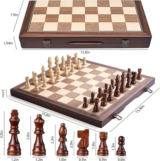 AMEROUS 15'' Magnetic Wooden Chess Set for Adults Kids - with Folding Board, Gift Package, Pieces Storage Slots, Handmade Pieces,Chess Board Game Set for Tournament Professional Beginner
