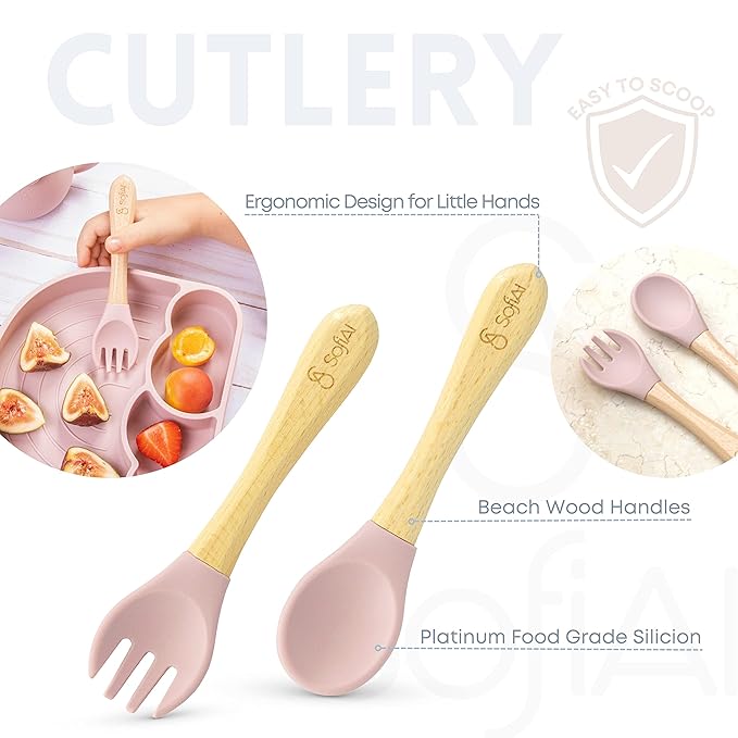 All In One Silicone Feeding Set - Safe for 6-12 Months - Non-Toxic Baby Led Weaning Supplies - Toddler Self Feeding Utensils - BPA-Free - Mess Free Essentials