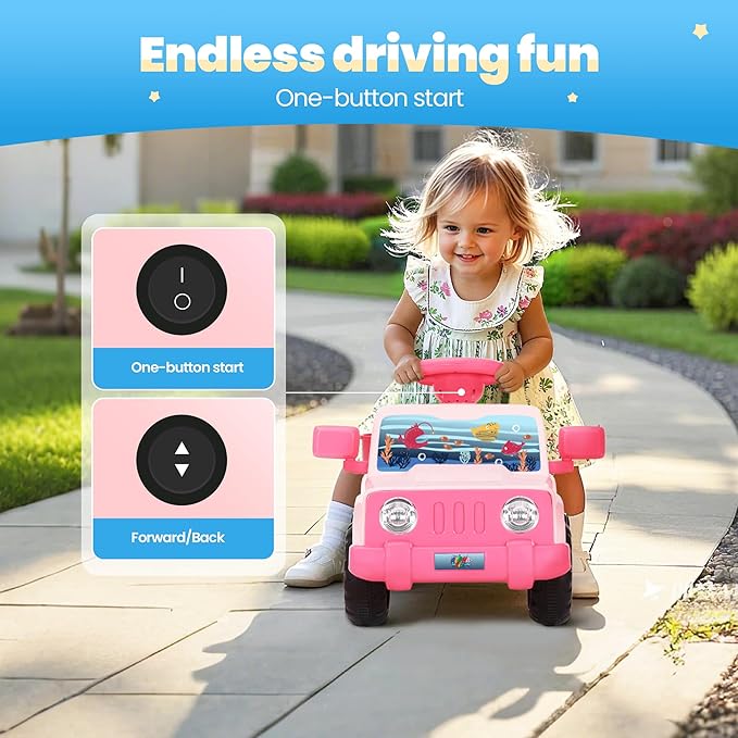 6V Toddler Ride On Car Interactive Electric Car with Horn LED Front Light Rear Storage Ocean Theme Perfect for Boys & Girls 18+ Months Safe Fun and Exciting for Little Explorers(Pink Ocean)