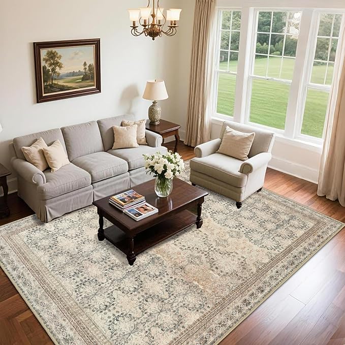 5x7 Washable Area Rug for Living Room Rustic, Non Slip Vintage Floral Bedroom Rugs Retro, Traditional Indoor Floor Carpet for Dining Room, Kitchen, Farmhouse, Office Beige/Pink/Orange