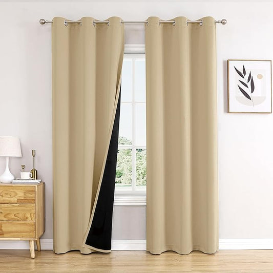 ChrisDowa 100% Blackout Curtains 78 inch Long for Bedroom with Black Liner, 2 Thick Layers Total Blackout Thermal Insulated Grommet Window Curtains 2 Panels Set (Beige, 42 x 78 Inch)