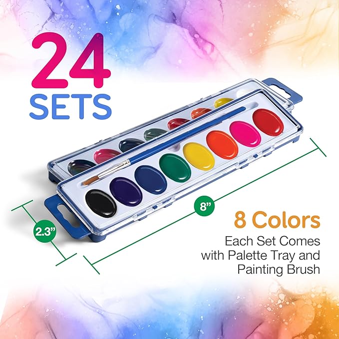 Bedwina Watercolor Paint Set- Bulk Of 24 Sets - 8 Water Color Washable Paints, Palette Tray and Painting Brush, for Art Schools and Paint Party Supplies