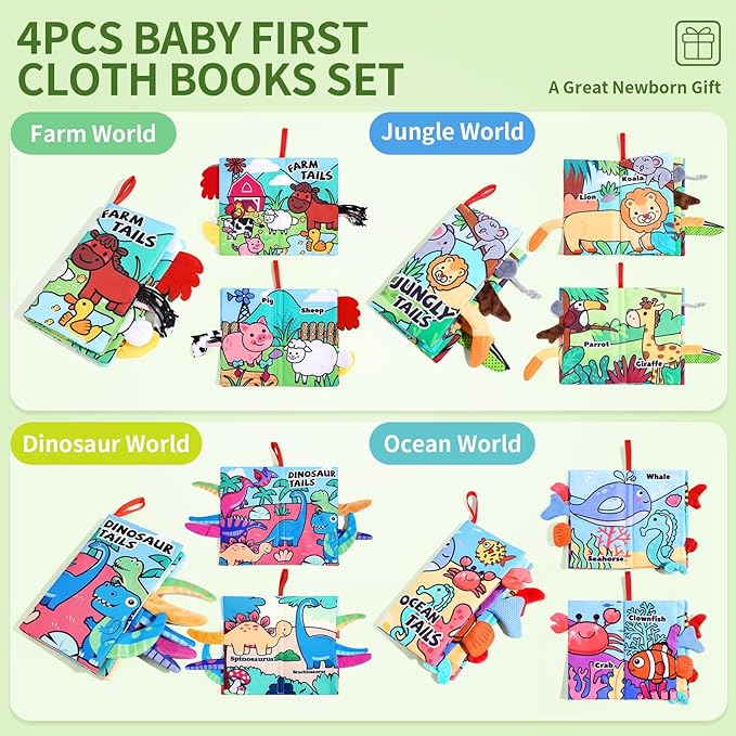 4 Pack Baby Books 0-6 Months, 4PCS Crinkle Books for Babies, Touch and Feel Sensory Books for Babies, Infant Toys 0-6 Months, Soft Fabric Toy Shower Gift, Baby Crinkle Book - 4 Pack Blue