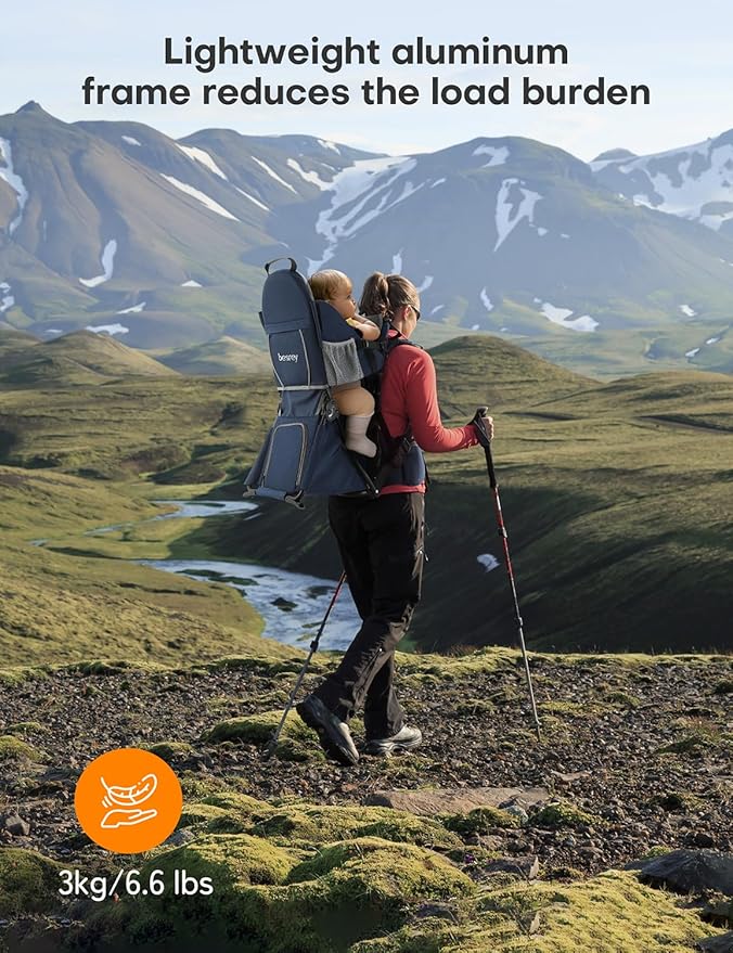 besrey Baby Backpack Carrier, Toddler Hiking Backpack with Safety 3-Height Seat, Adjustable Straps&Waist Belt, Foldable Frame Lightweight Large Capacity Child Carrier for Hiking (Blue/Grey)