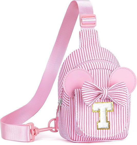 Birthday Gifts for Girls, Sling Bags for Girl Kid Travel, Birthday Gifts for 4 5 6 7 8 9 10 Year Old Girls Small Initial Pink Cross Fanny Packs Sling Bag for Daughter Gift (Pink T)