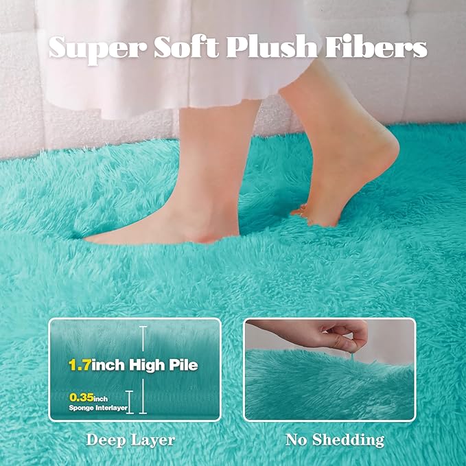 2x6 Runner Rug for Bedroom: Fluffy Shag Soft Washable Rugs Small Fuzzy Plush Indoor Carpet for Hallway Bedside Dorm Kids Girls Boys Room (Teal Blue, 2'x6')