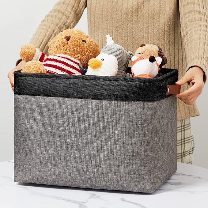 DULLEMELO Storage Bins 16"x12"x12" With Leather Handles for Organizing,Decorative Collapsible Storage Baskets for Shelves Closet Home Office (Black&Grey)