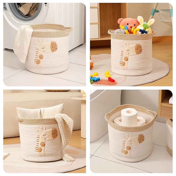 INough Toy Storage Baskets Woven Cotton Rope Storage Basket for Kids, Blanket Baskets for Living Room Toys Organizer with Embroidery Decor, Cute Baskets with Handle for Nursery, Playroom (Giraffe)