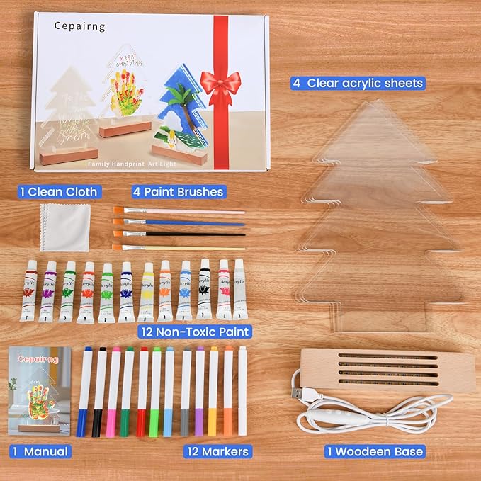 Cepairng 4-Layer Christmas Tree Family Handprint Kit with Light,New Parents Gift for Couples,Baby Shower Gifts for Mom Dad,First Birthday Gifts for Girls Keepsake Boys Personalized(Wood Color)