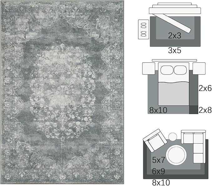 jinchan Vintage Floral 5x7 Area Rugs - Machine Washable Distressed Design Soft Ultra-Thin Low-Pile Non-Slip Carpet for Kitchen Bedroom Nursery Living Room Dining Room Home Office (5x7ft,Grey)