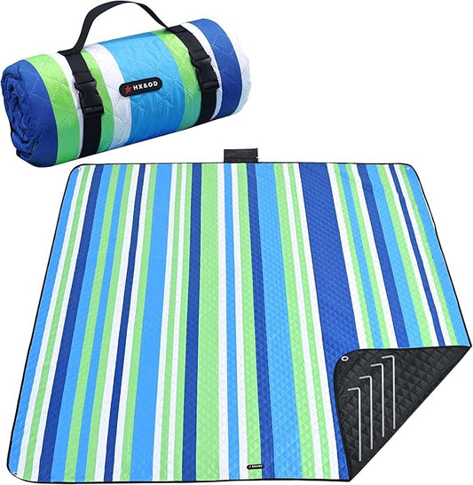 HX&OD Outdoor Picnic Blanket Extra Large, 80''*80'' Waterproof Picnic Mat with Stakes Foldable Camping Blanket Portable with Carry Strap for Beach Mat (Blue, 80''*80'')