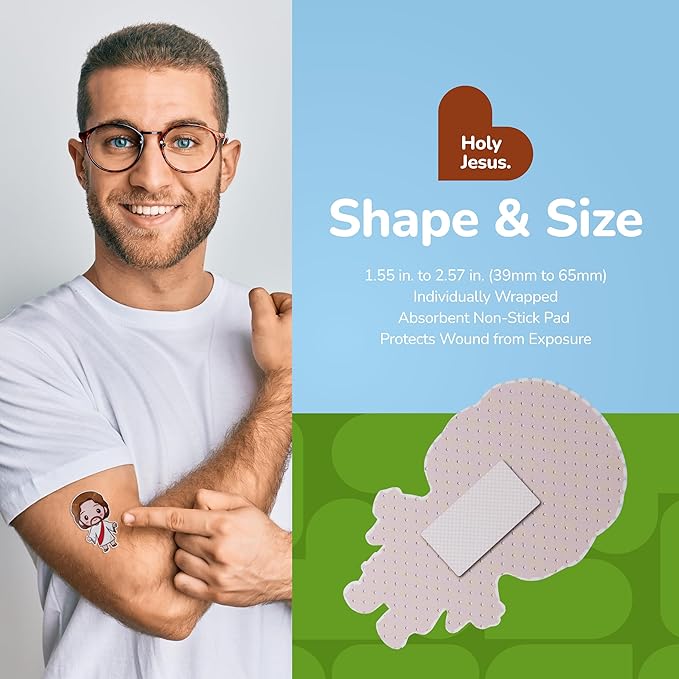 BioSwiss Bandages, Holy Jesus Shaped Self Adhesive Bandage, Latex Free Sterile Wound Care, Fun First Aid Kit Supplies for Kids and Adults, 24 Count