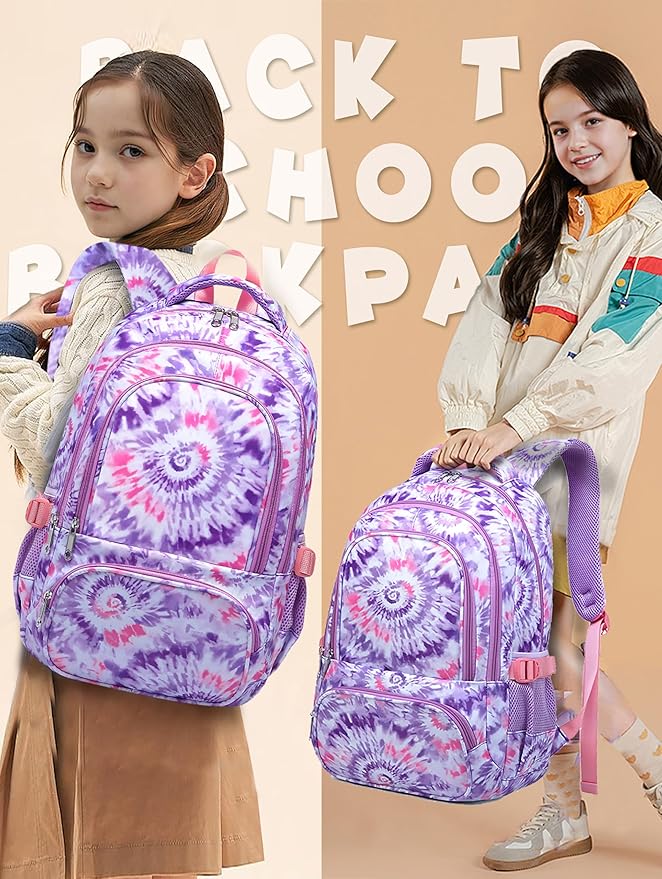 BLUEFAIRY Kids Backpack for Girls Elementary Primary Middle School Bag for Aged 8-10 for Teens Childs Bookbag Back to School Bag Mochilas Escolares para Niñas de 7 8 9 10 Tie-dye Purple