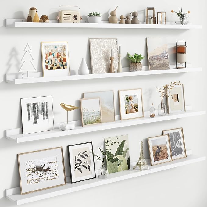 Floating Picture Ledge Shelves for Wall Set of 4, 56 Inch Wall Shelves with Lip Long Large Nursery Book Shelf for Toys Storage Kids Bookshelf Wall Mounted Living Room Bedroom Decor Frames