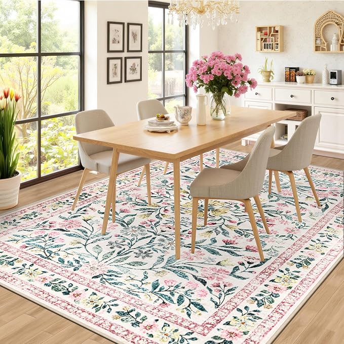 8x10 Area Rugs for Living Room: Floral Washable Rug Vintage Large Soft Boho Non-Slip Carpet Indoor Stain Resistant Low Pile Carpets for Bedroom Dining Room Farmhouse Nursery Home Office Pink Green