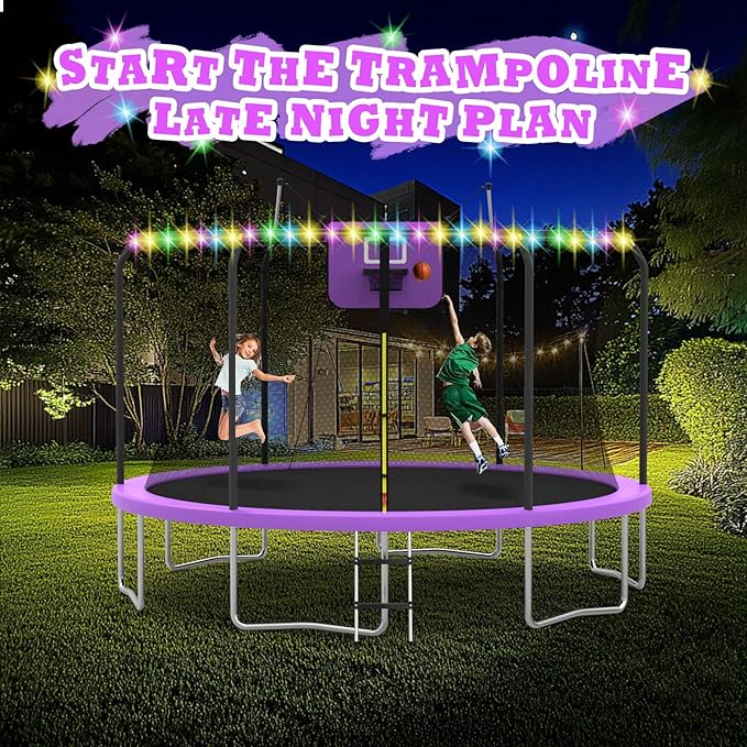 8FT 10FT 12FT 14FT Outdoor Trampoline with Basketball Hoop and LED Lights, ASTM Approved Recreational Trampolines for Kids and Adults with Net and Ladder