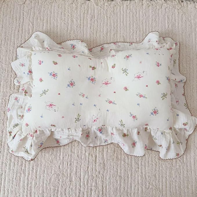 BuLuTu 100% Cotton Standard Pillow Case for Kids, 1 pc, 20"x26", Pink Floral Sheep Design Pillow Cover Muslin Gauze Pillow Protector for Children Girls Boys Bedding Gift, Envelope Closure