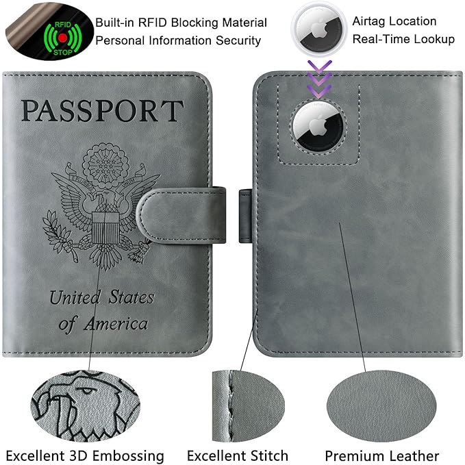Airtag Passport Holder Cover Wallet Travel Essentials Leather Rfid Blocking Case Vacation Luggage Must Haves Travel Accessories for Men Women (117#Grey)