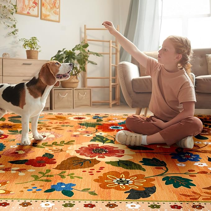 Floral 2x6 Area Rug Machine Washable Soft Print Boho Carpet Non Slip Doormat Low Pile Flower Area Rugs for Living Room Bedroom Nursery Kitchen Dining Room Indoor-Yellow/Orange