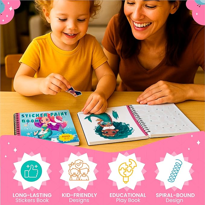 BulbaCraft 4Pcs Sticker Paint Books for Girls - Sticker Books by Number with Mermaids, Princesses, Animals and Horses - Coloring Activity for Kids