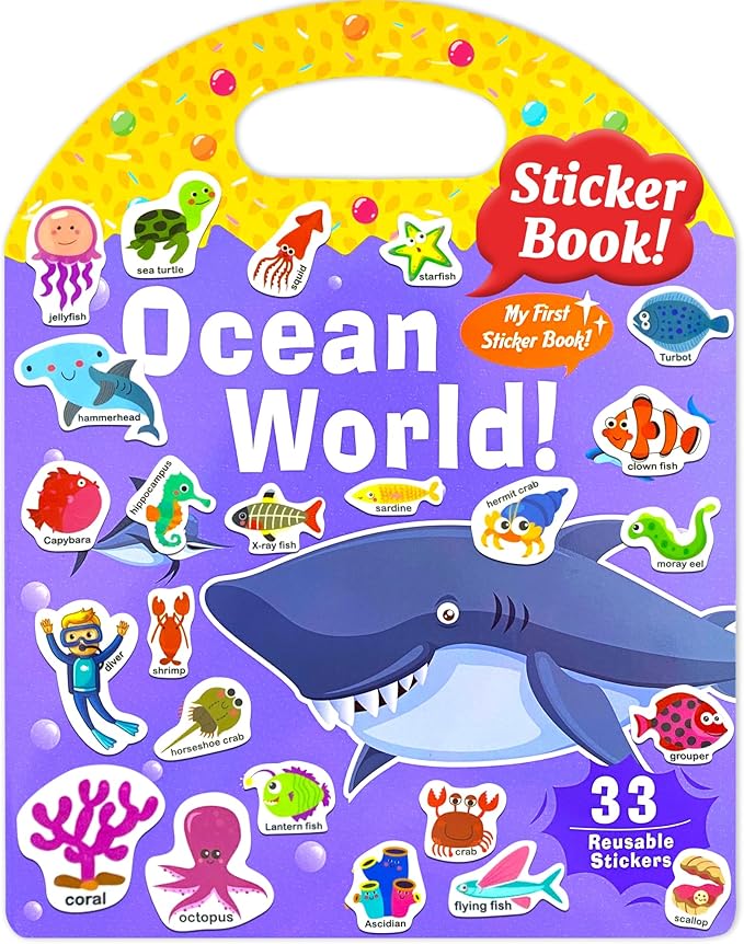 Benresive Reusable Sticker Book for Toddlers 2-4 Years, Fun Travel Stickers for Kids, Waterproof Sticker Books for Toddlers 1-3, Crafts Activities for Todddlers 1-3 2-4 3-5 - Ocean World
