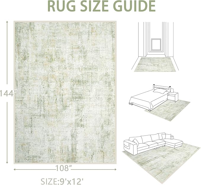 Area Rugs 9x12 Living Room: Washable Rug Modern Abstract Large Rugs Soft Non Slip Neutral Rug Stain Resistant Indoor Carpet for Bedroom Kitchen Dining Room Home Office Rugs(Green Brown,9'x12')