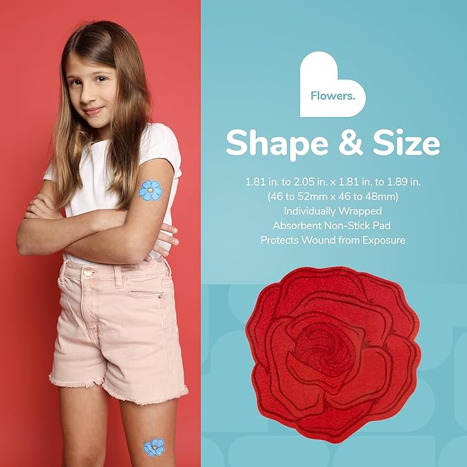 BioSwiss Bandages, Flowers Shaped Self Adhesive Bandage, Latex Free Sterile Wound Care, Fun First Aid Kit Supplies for Kids and Adults, 50 Count