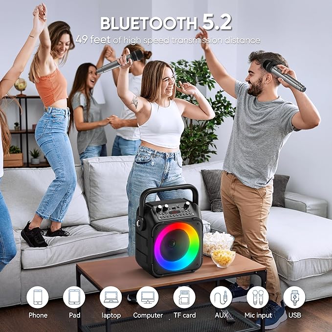 Karaoke Machine, Portable Bluetooth Speaker with 2 Wireless Microphones for Adults & Kids with Lights, Karaoke Microphone with PA System Supports USB/TF/REC/FM/AUX for Home Party Home System Packages