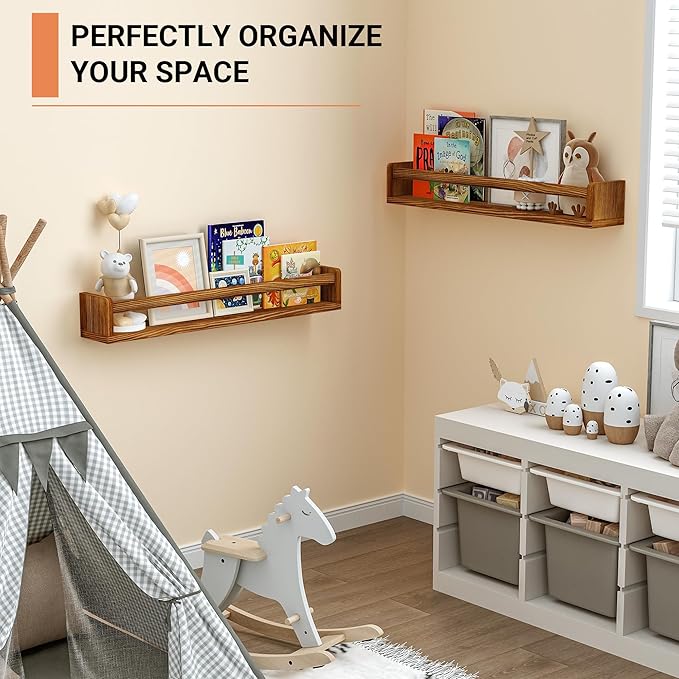 Heimlove 24 Inch Nursery Floating Shelves, Nursery Book Shelves for Wall, Wall Bookshelf for Kids Solid Wood Wall Mounted Shelves for Books,Toys and Decor Storage, Set of 2