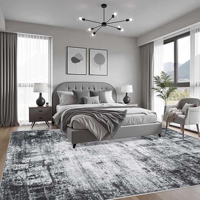 5x7 Area Rug Living Room Rug: Washable Modern Abstract Soft Thin Rug Indoor Floor No Slip Stain Resistant Carpet for Bedroom Dining Room Farmhouse Nursery Home Office - Dark Black